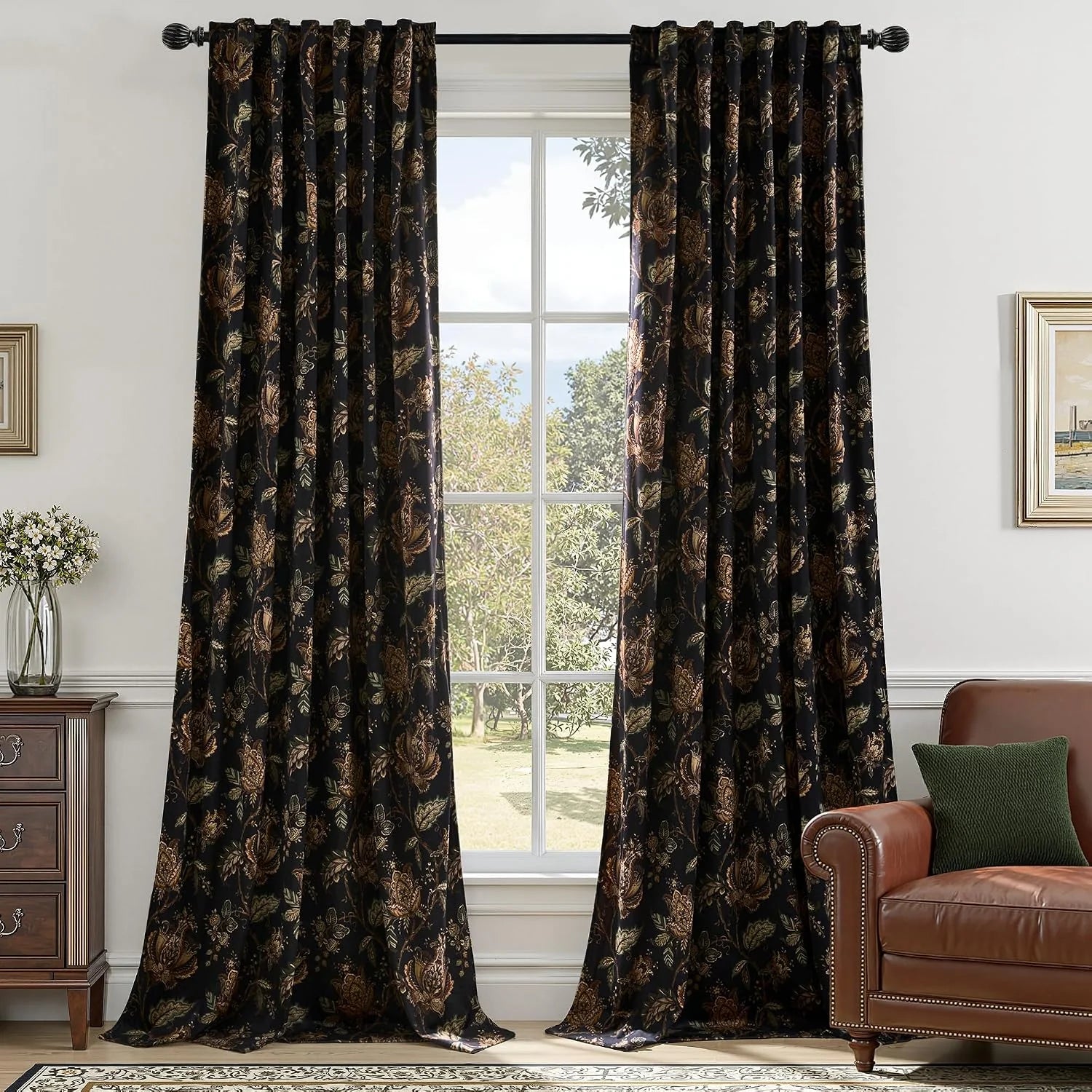 Black floral curtains with bronze and green pattern in a traditional living room