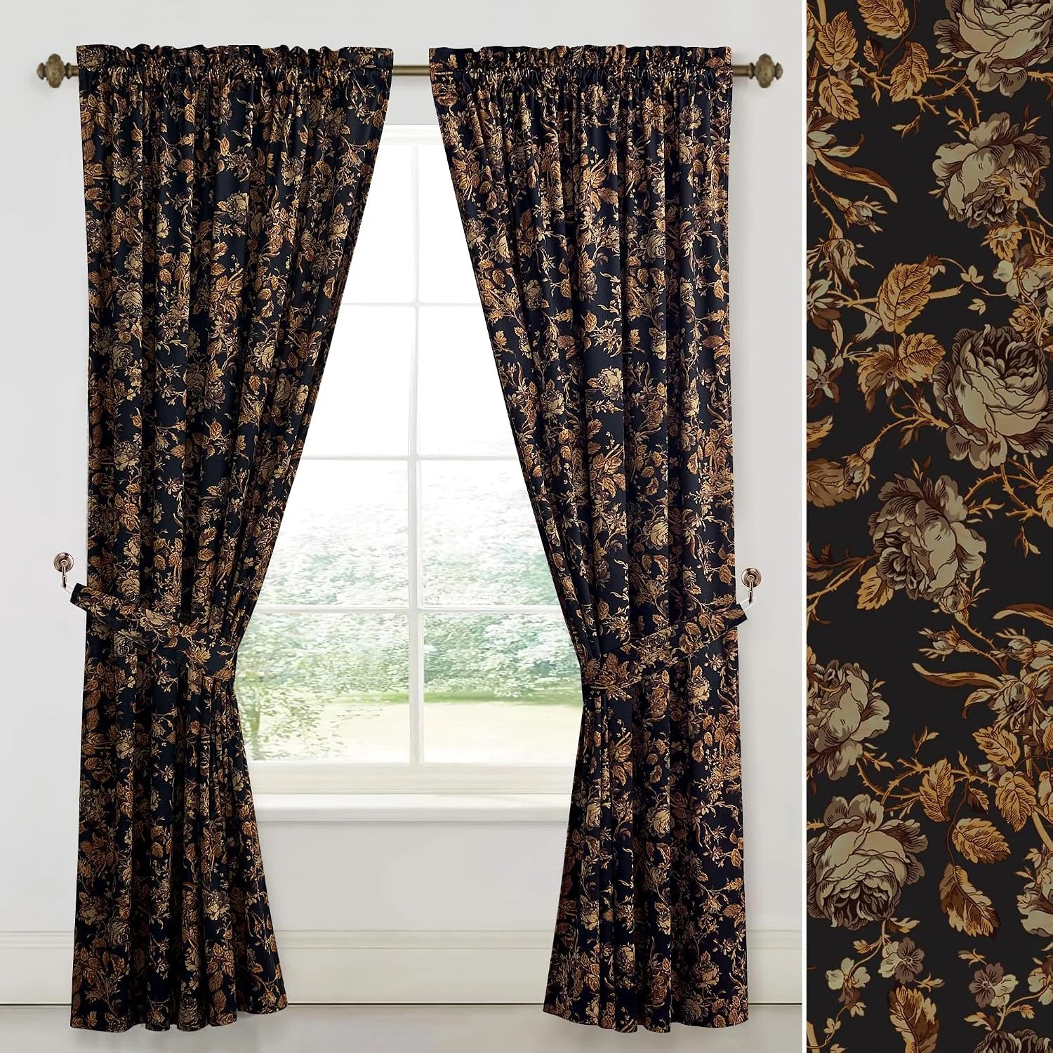 Black floral curtains with gold rose print and pencil pleat header on a window