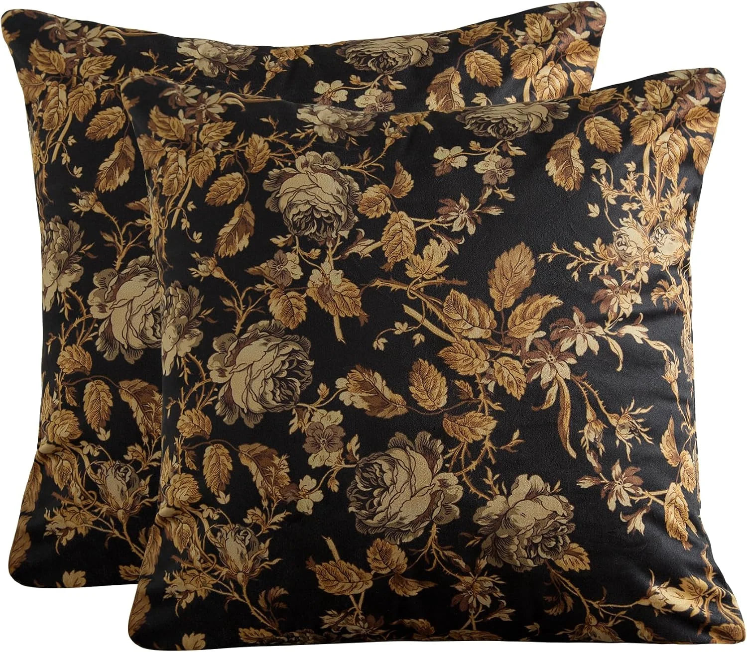Set of black decorative throw pillows with gold vintage floral pattern