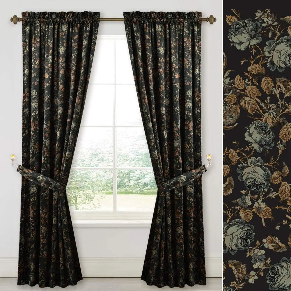 Black vintage floral curtains with tiebacks framing a bright window