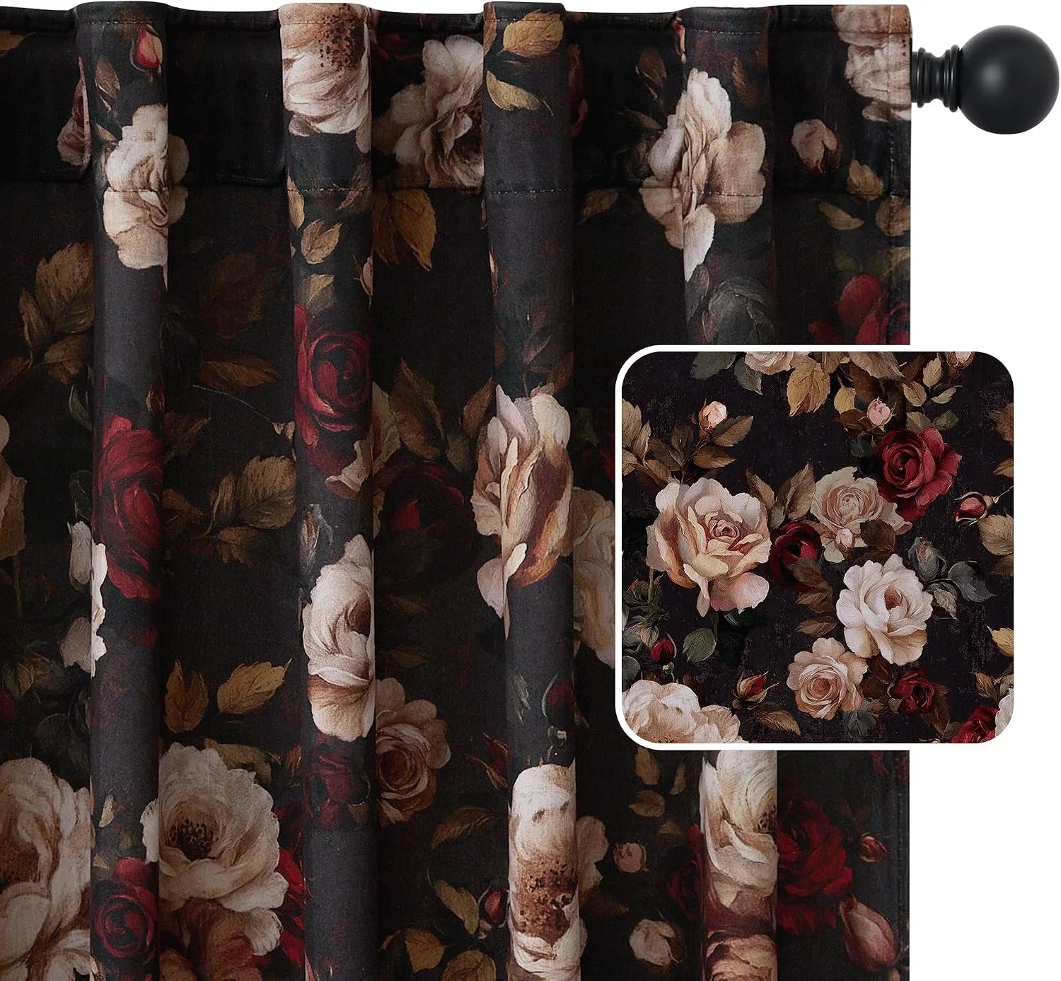 Black curtain with vintage rose floral print in cream, burgundy, and taupe