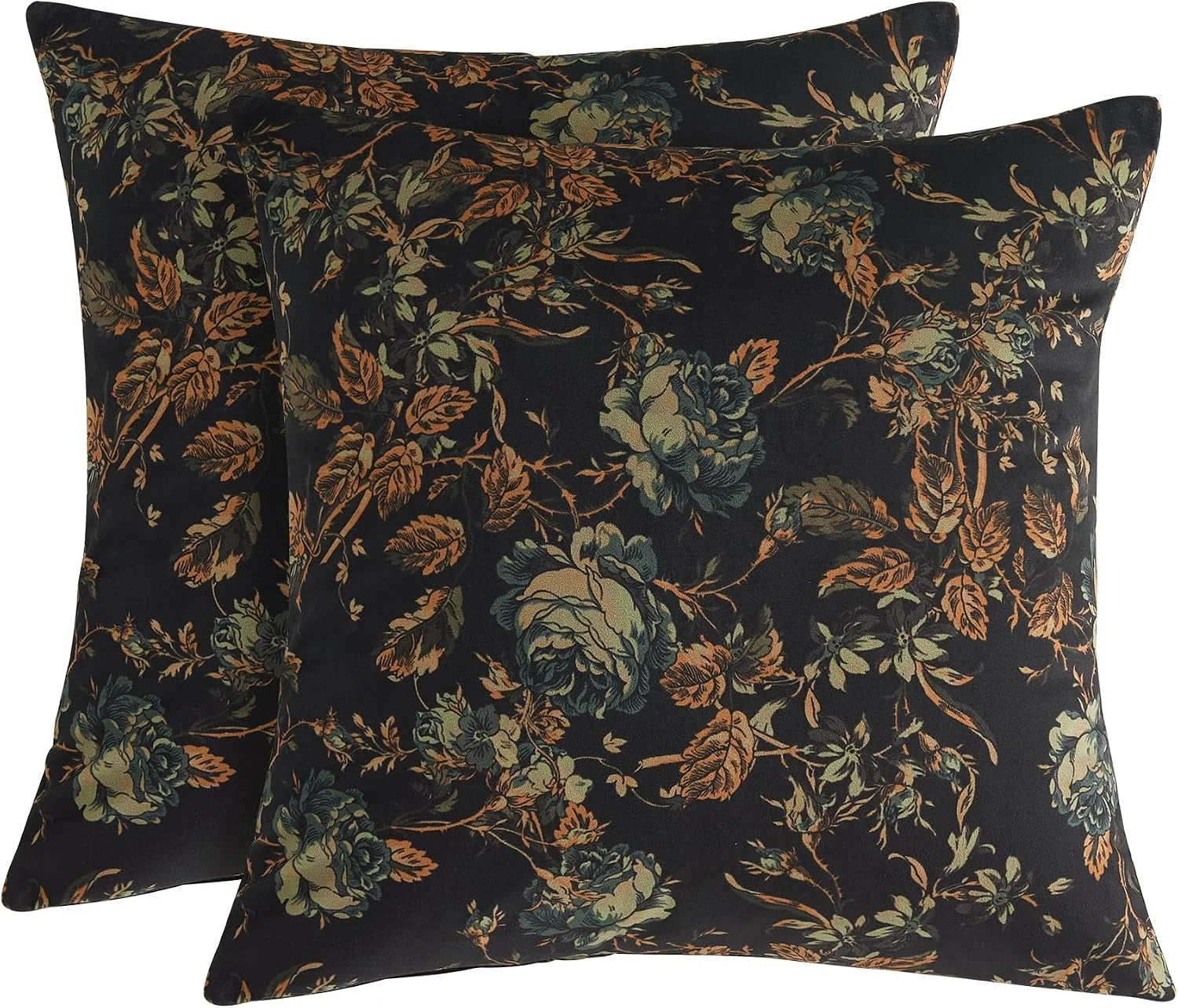 Set of black floral throw pillows with vintage blue and rust botanical print