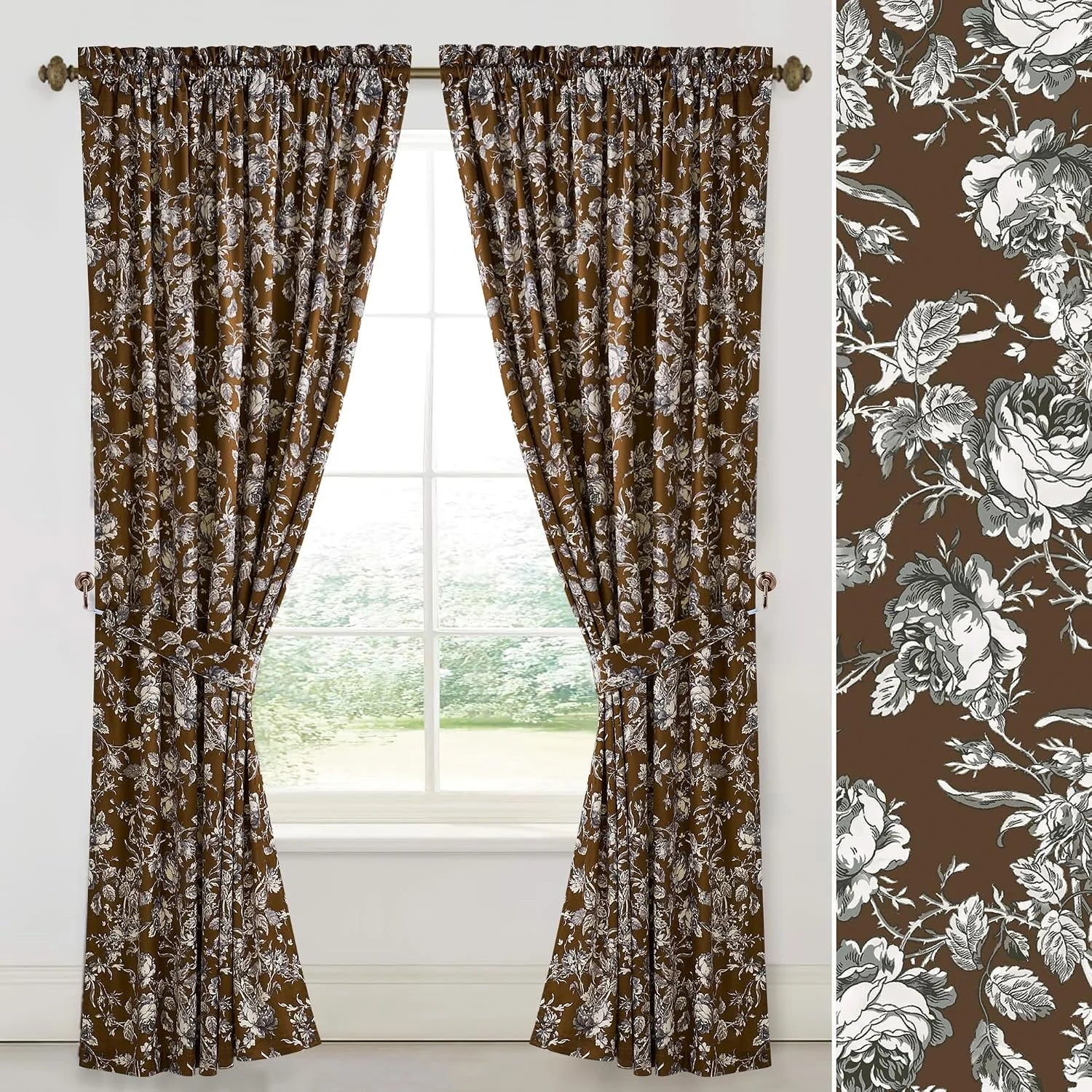 Brown floral curtains with white rose print and tiebacks on a bright window