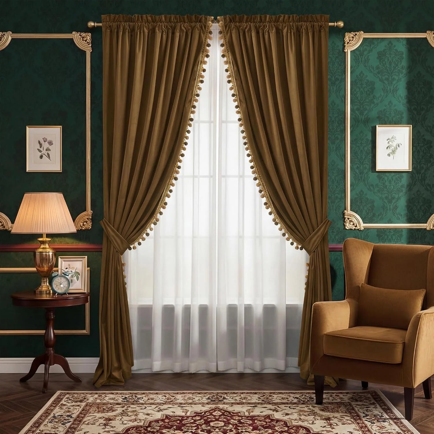 Brown classic curtains with pom-pom trim over sheer white panels in an elegant room
