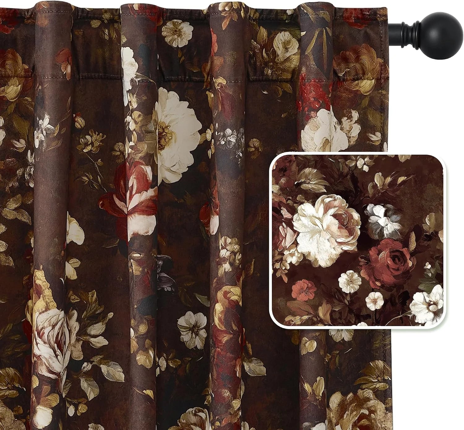 Brown vintage floral curtain panel with rod pocket top and cream burgundy blooms