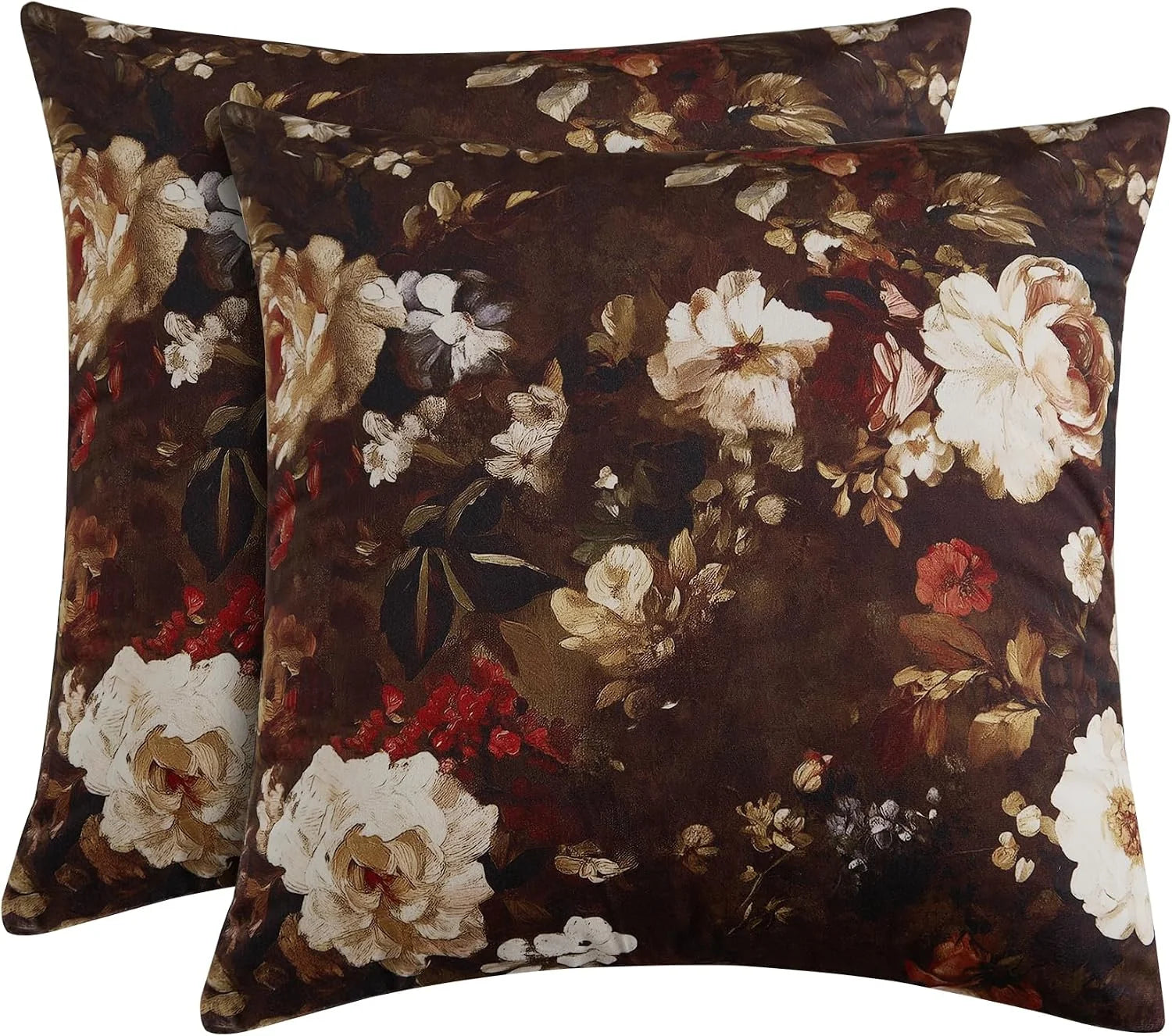 Set of brown vintage floral throw pillows with cream and red botanical print