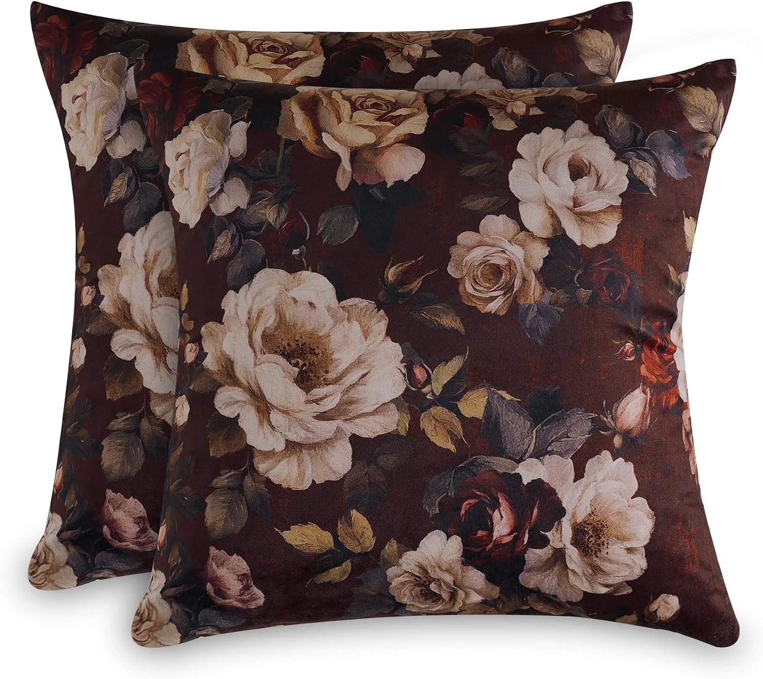 Set of brown velvet throw pillow covers with large vintage floral rose print