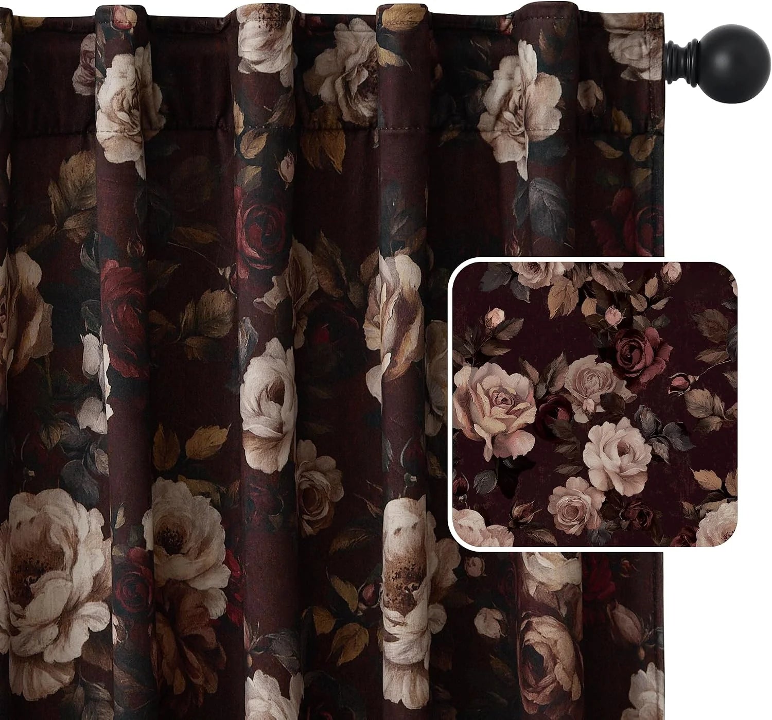 Dark burgundy floral curtain panel with large vintage roses and black rod finial