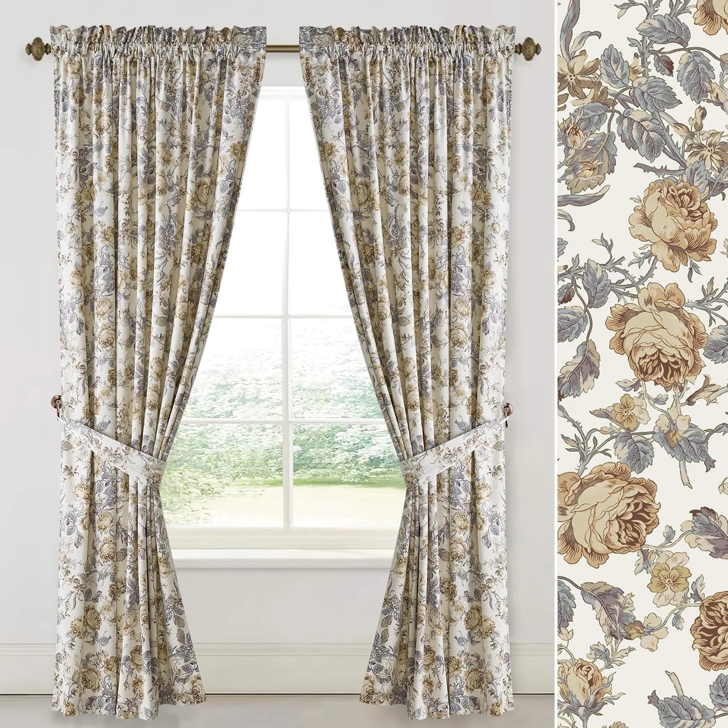 Cream floral pencil pleat curtains with blue and gold roses, tied back at a window