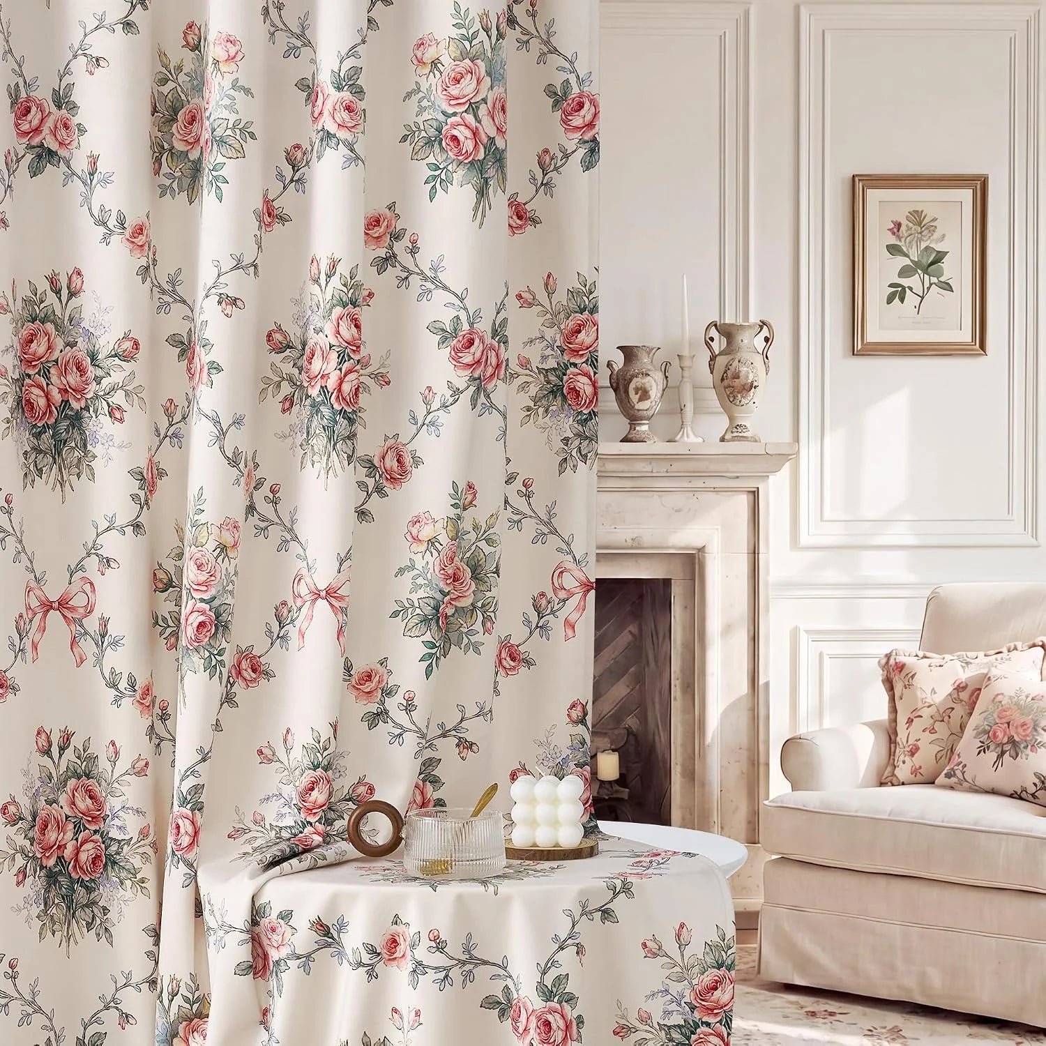 Cream curtains with pink rose floral print in a romantic vintage living room