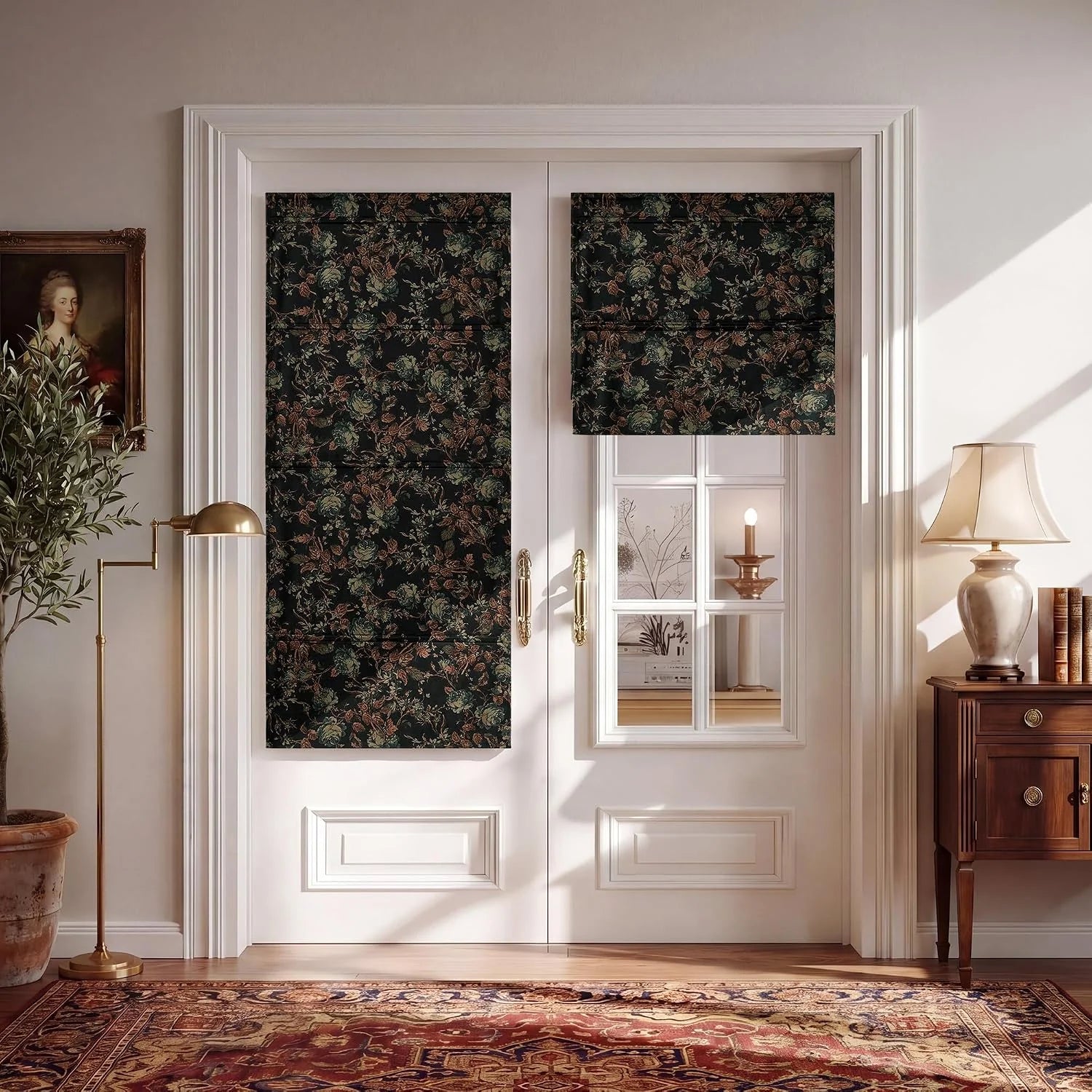 Dark floral Roman shades on white French doors in a warm vintage-style room