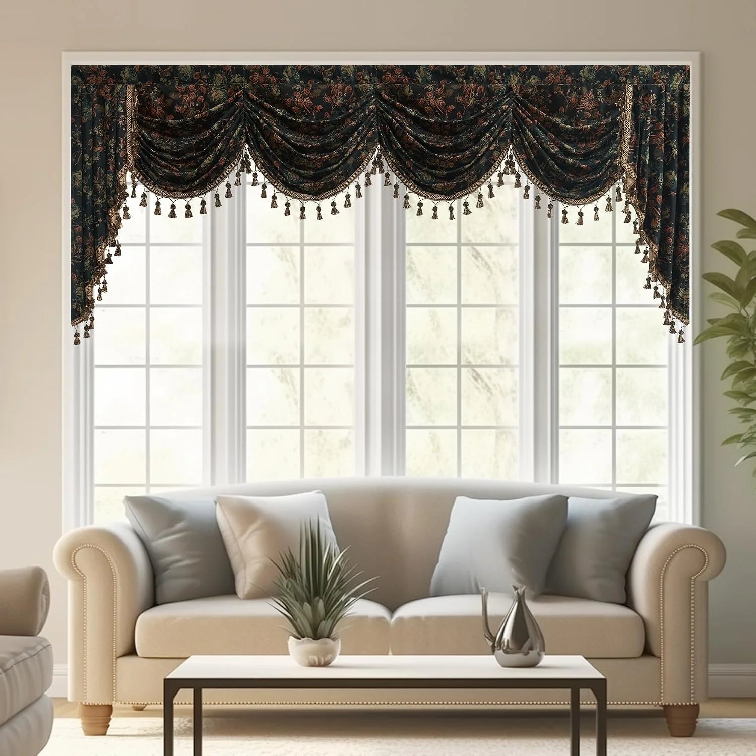 Dark floral swag valance with tassel trim over a large living room window