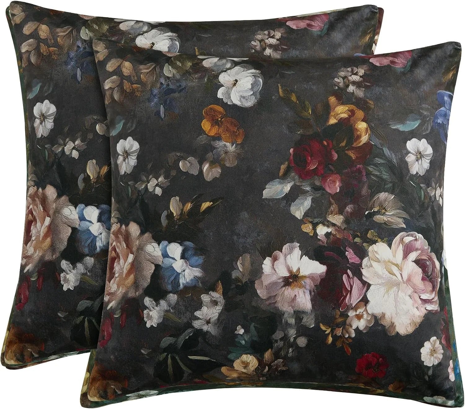 Set of dark floral velvet throw pillows with moody multicolor botanical print