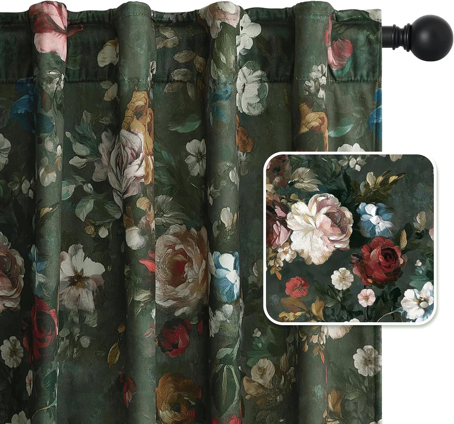 Dark green floral velvet curtain panel with painterly roses and rod pocket top