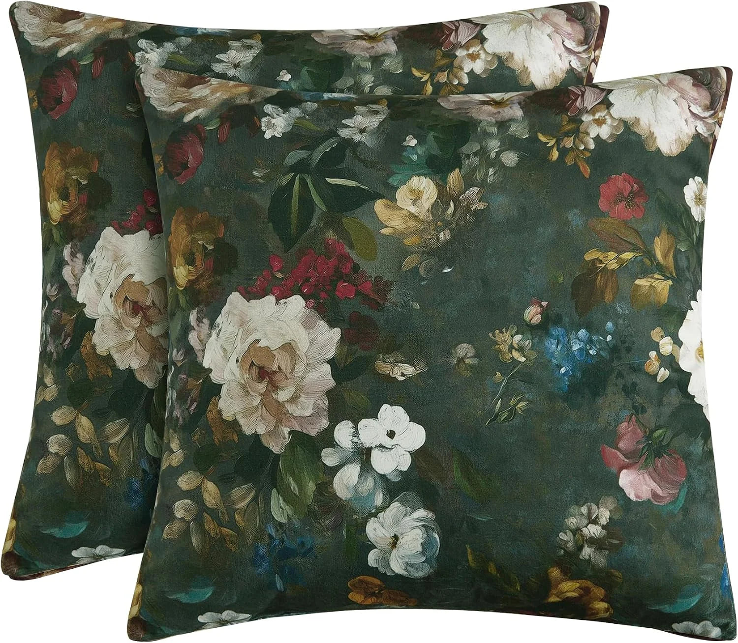 Set of dark green floral throw pillow covers with vintage botanical print