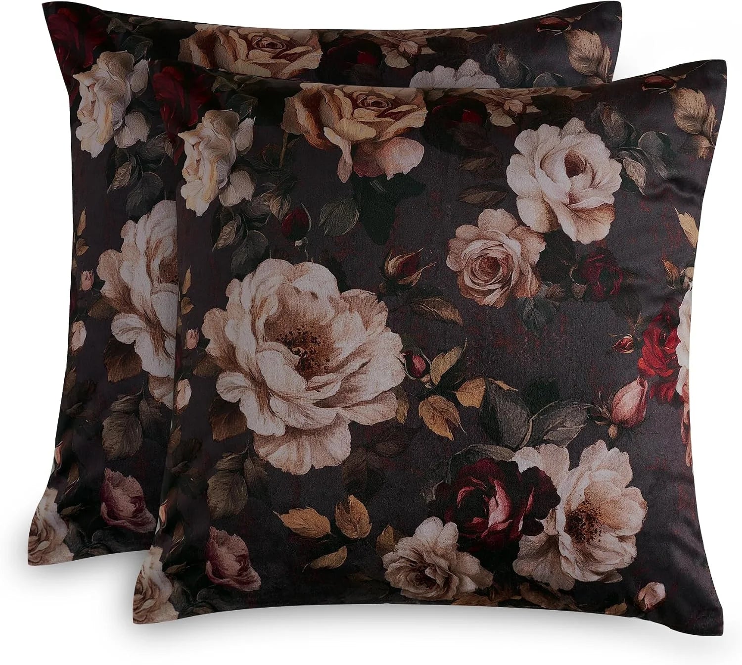 Two dark floral throw pillow covers with vintage roses in cream and burgundy
