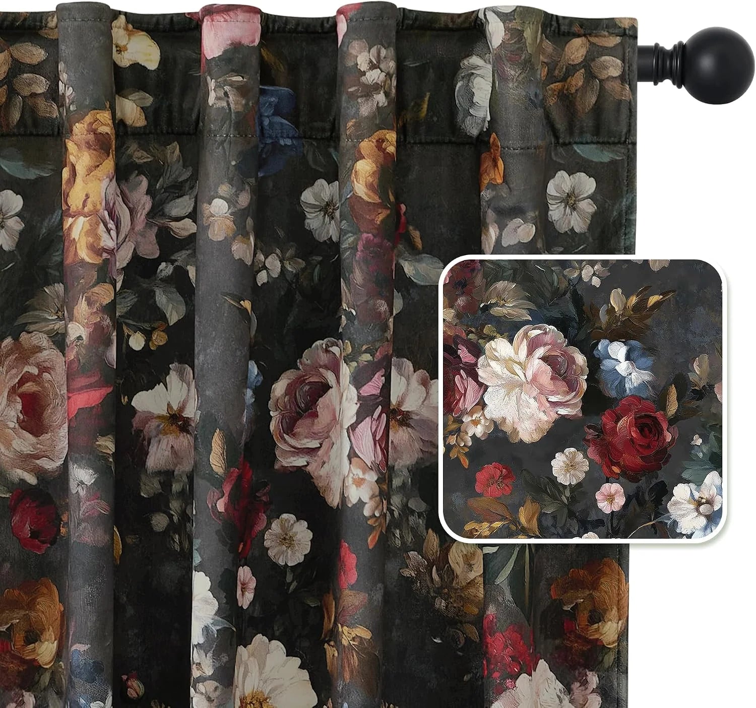 Dark vintage floral curtain panel with rod pocket top and painterly rose print