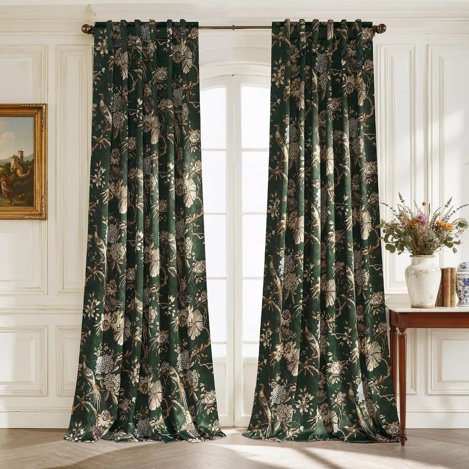 Emerald green floral bird print curtains hanging in a classic white living room