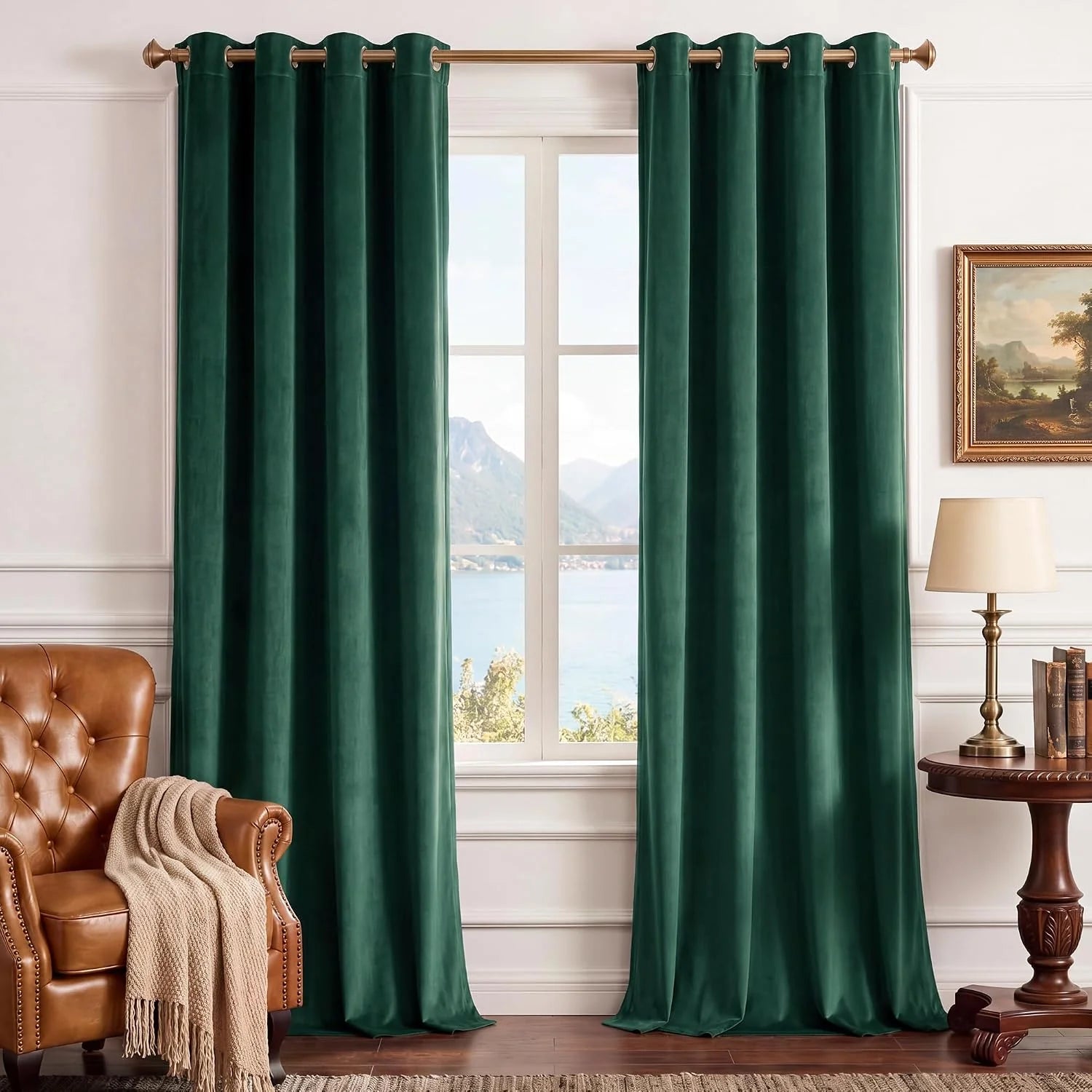 Emerald green velvet grommet curtains in a classic living room with leather armchair