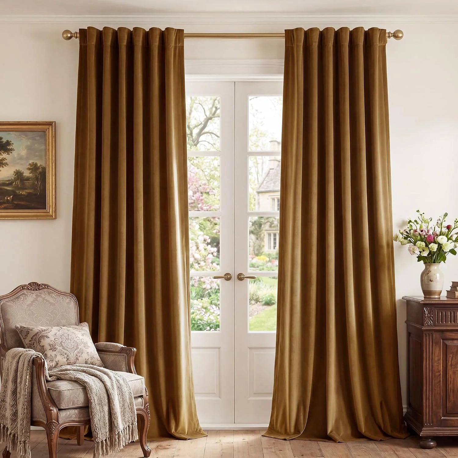 Gold velvet pleated curtains on a brass rod framing French doors in a classic room