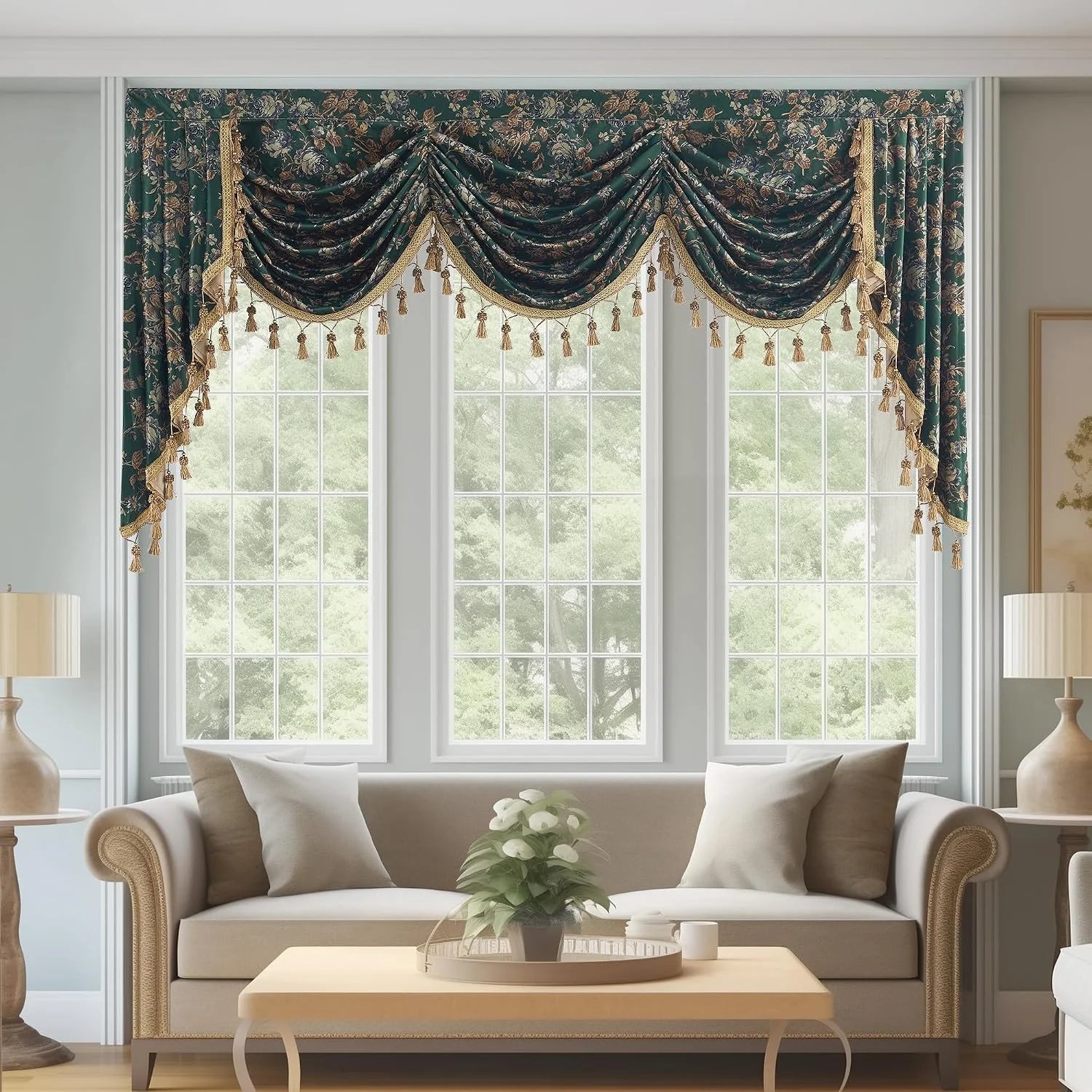 Dark green floral window valance with gold tassel trim over tall living room windows