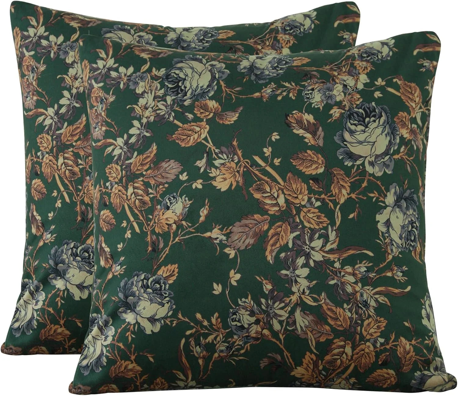 Set of dark green floral throw pillows with vintage blue and beige botanical print