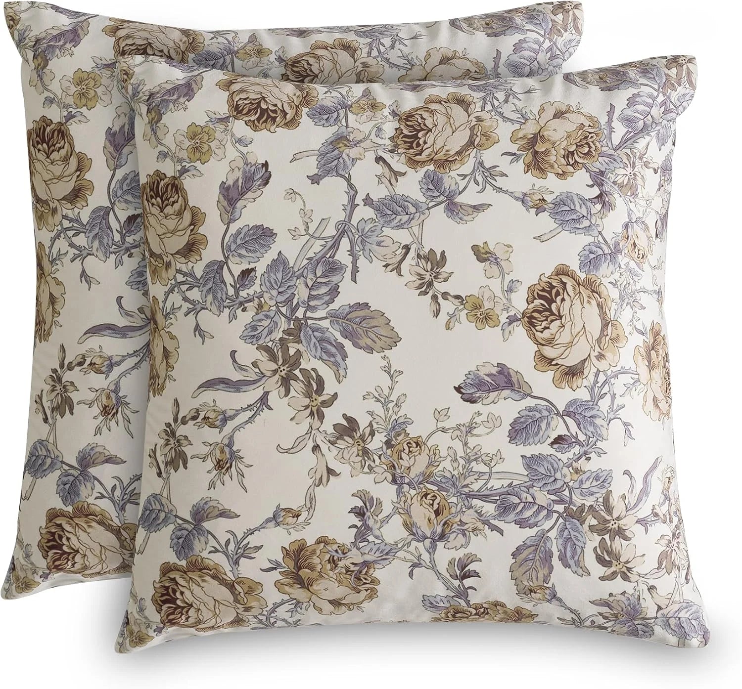 Two ivory floral throw pillow covers with vintage botanical print in lavender and beige