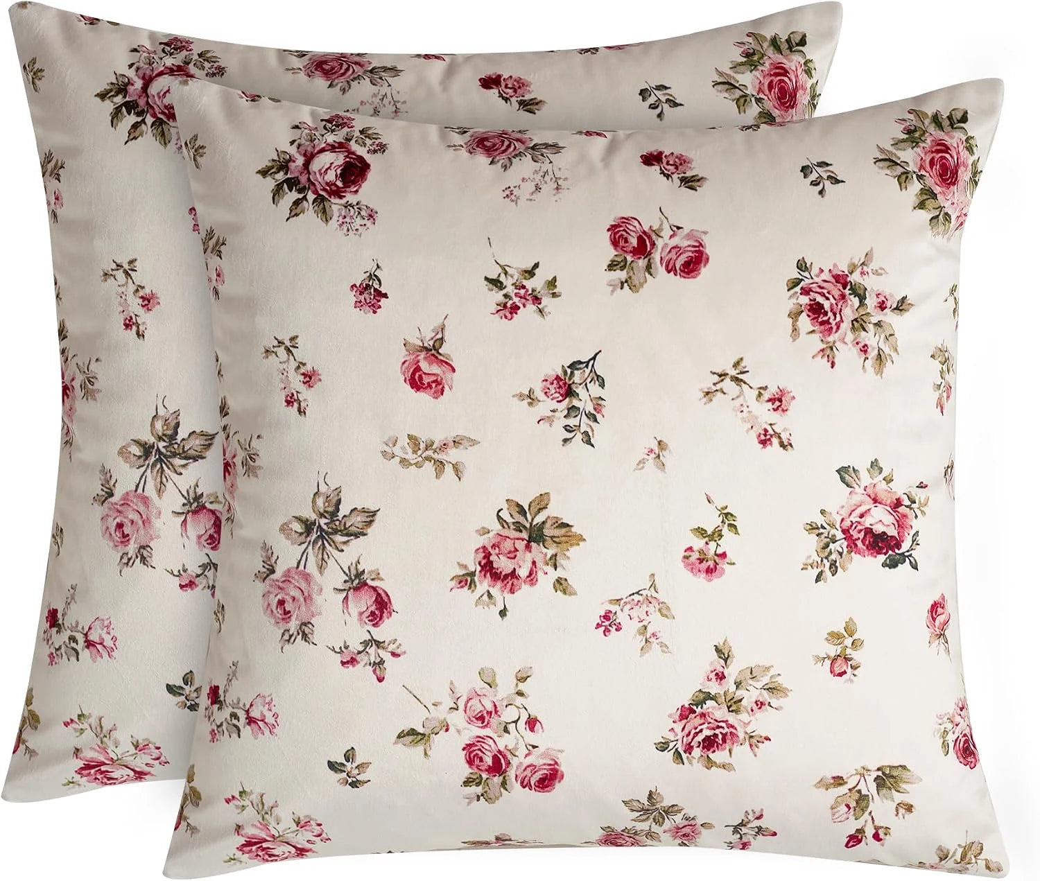 Two ivory pillowcases with pink rose floral print and soft cotton texture