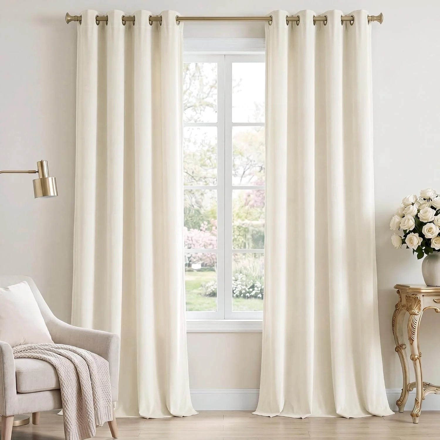 Ivory grommet-top blackout curtains hanging in a bright elegant bedroom window