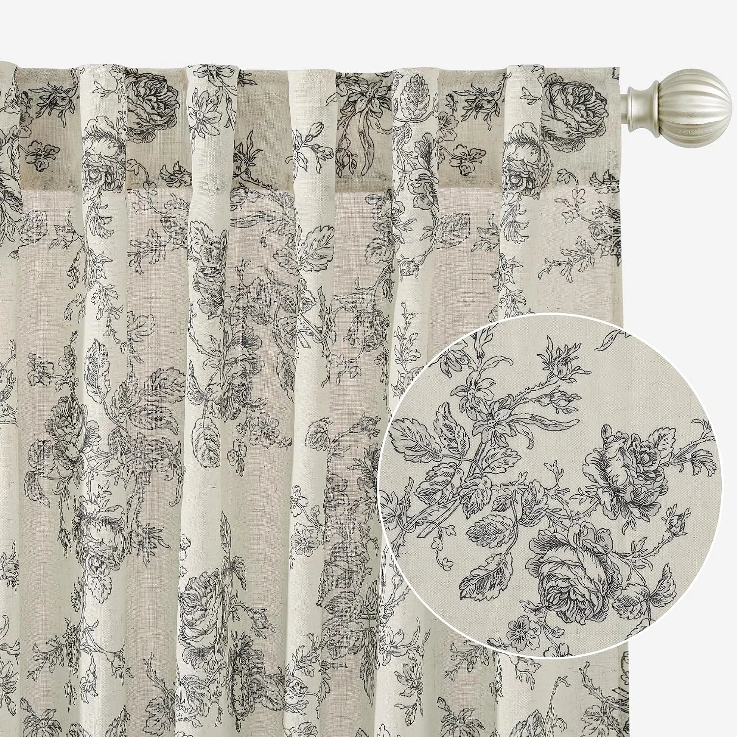 Ivory linen-look curtain with black floral print and rod pocket pleats