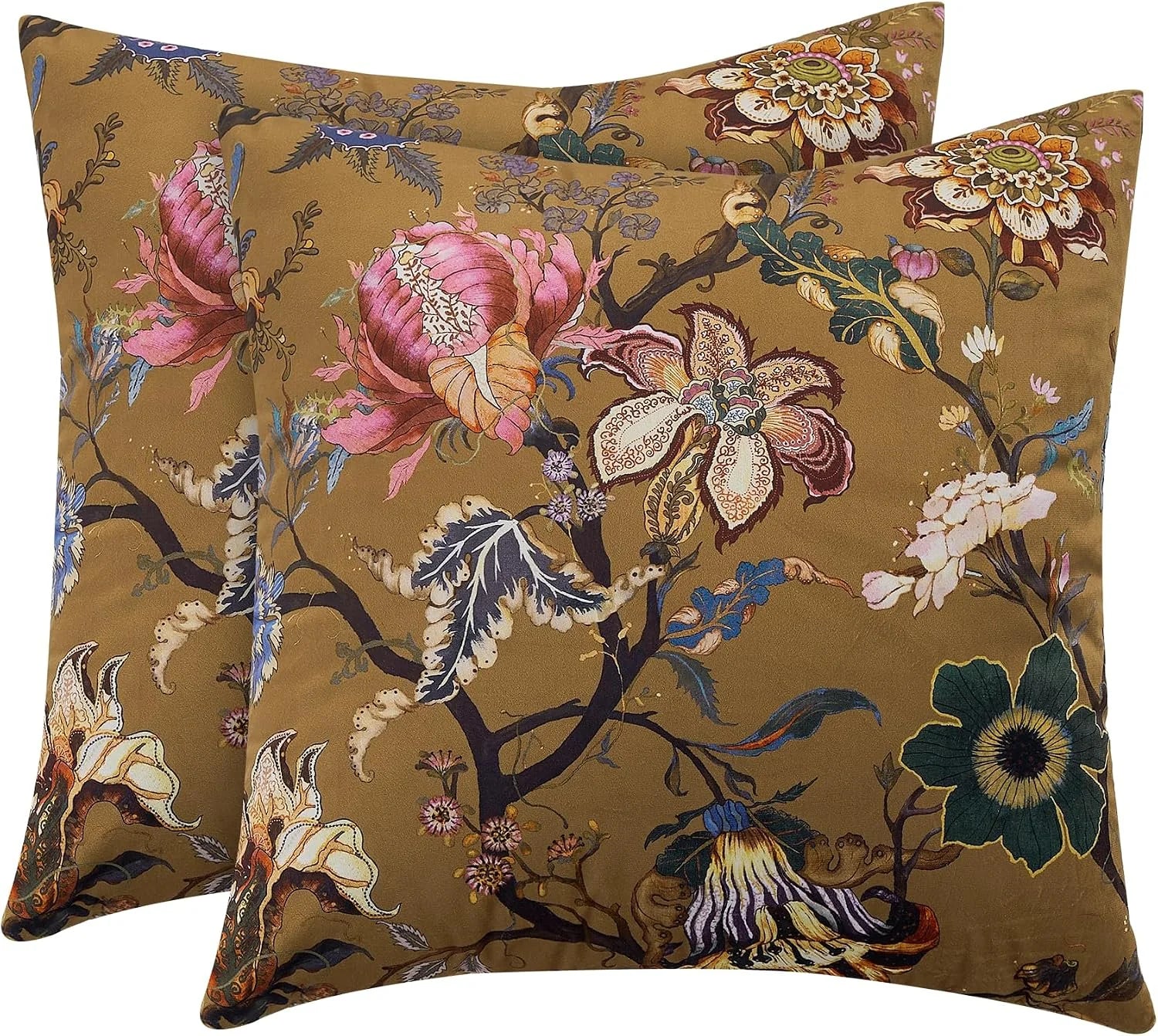 Set of mustard brown floral throw pillows with large pink and cream botanical print