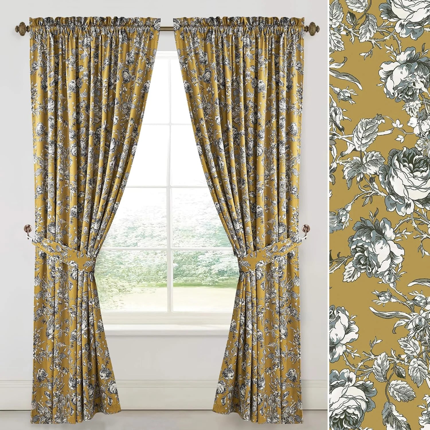 Mustard floral pencil pleat curtains with tiebacks framing a bright window