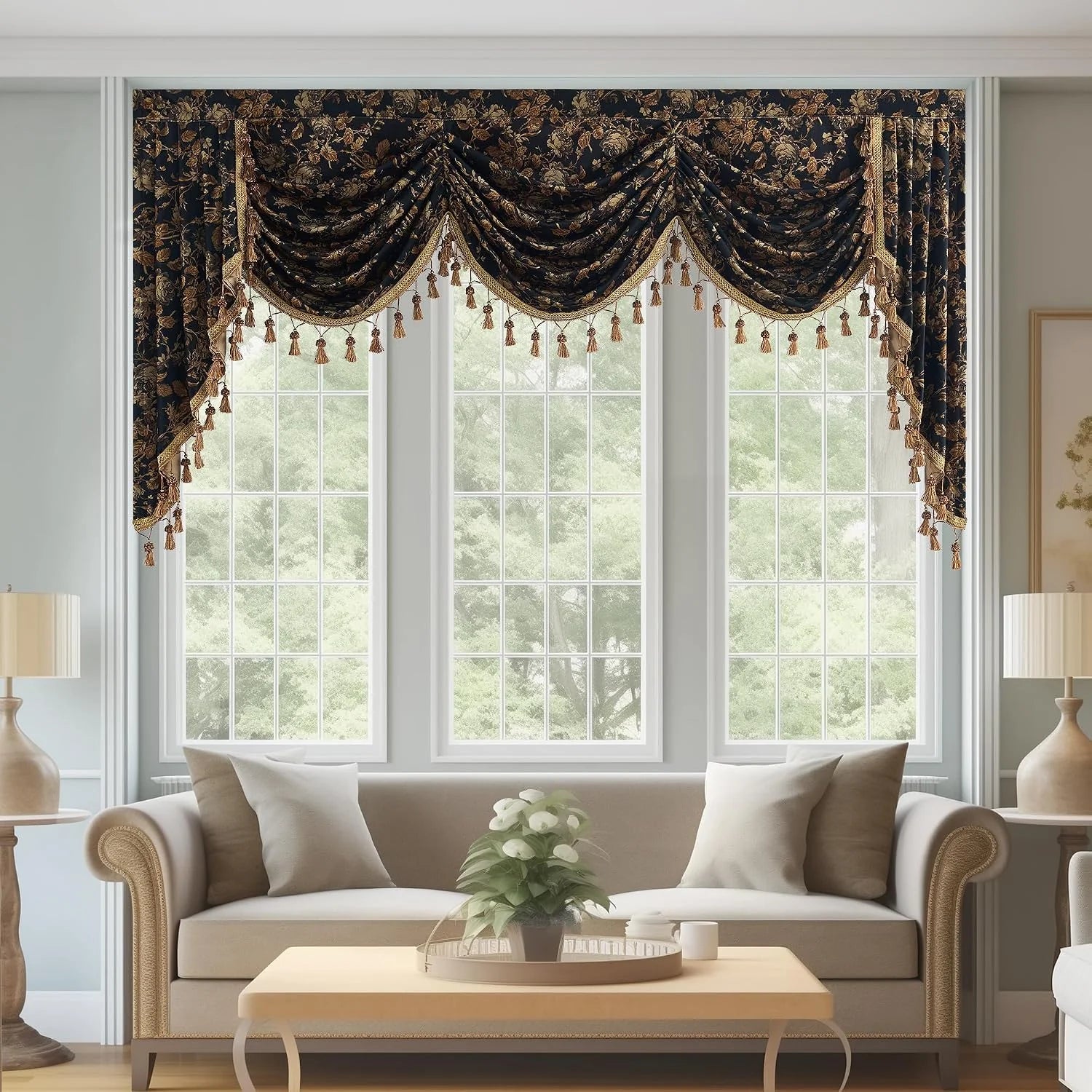 Navy and gold floral tassel valance draped over tall windows in an elegant living room