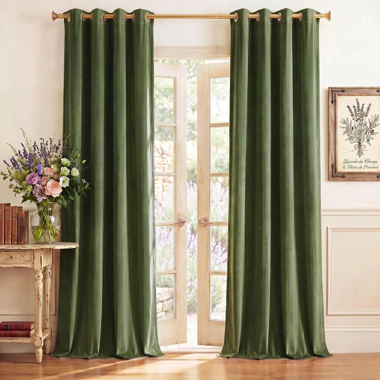 Olive green velvet curtains with gold grommets hanging over French doors