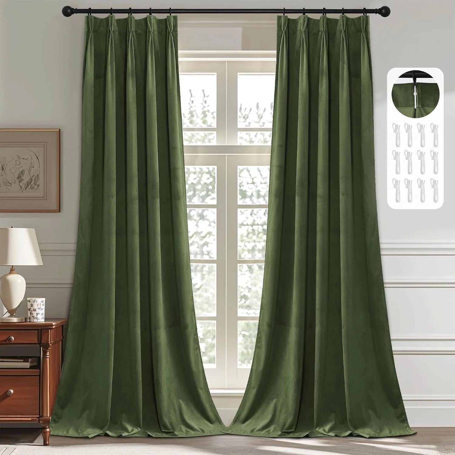 Olive green velvet pinch pleat curtains on a black rod in a bright traditional room