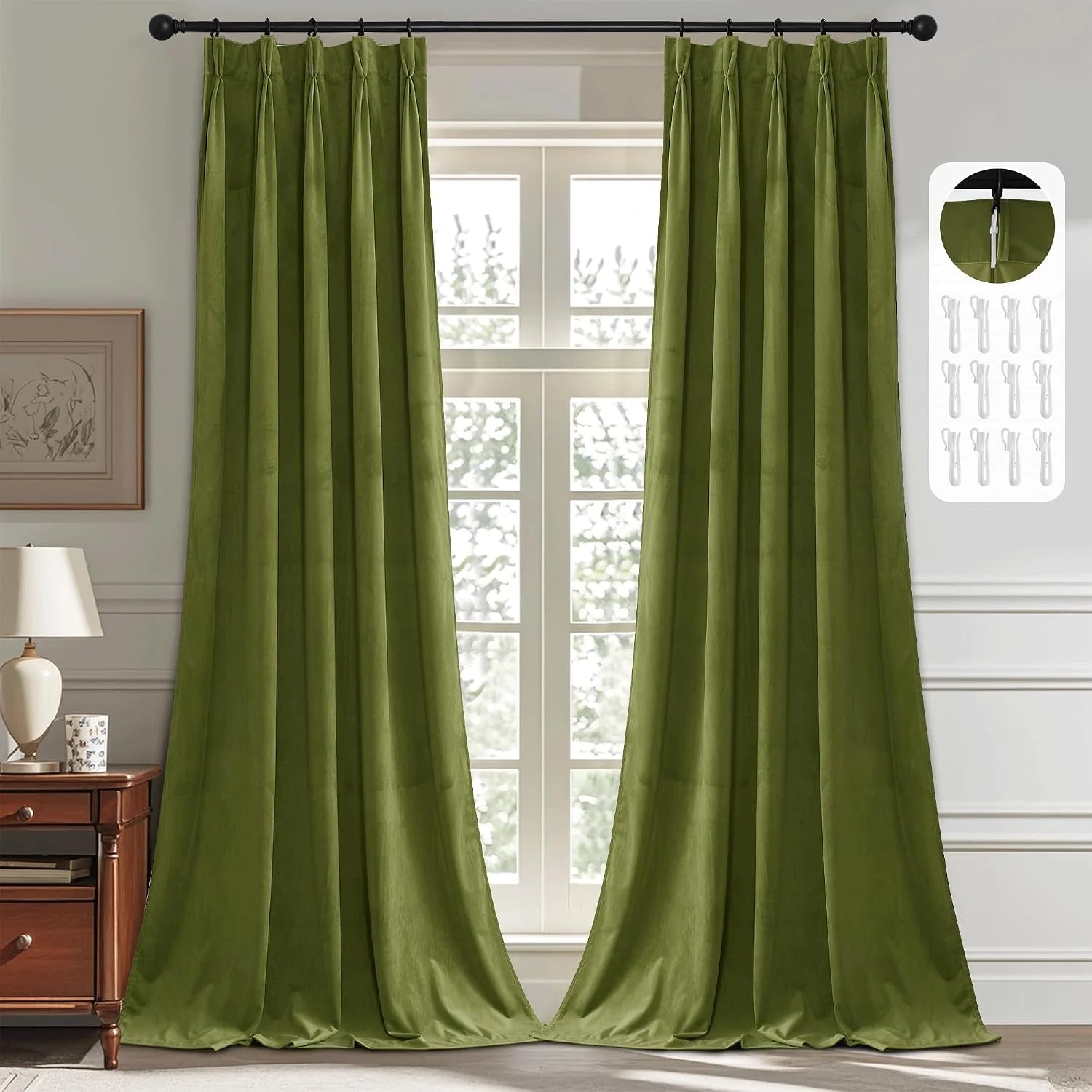 Olive green velvet pinch pleat curtains on a black rod in a bright classic room