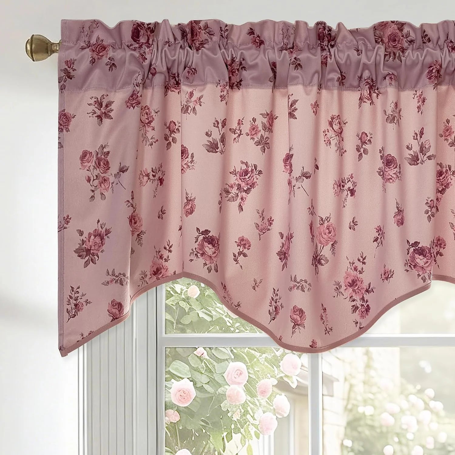 Pink floral window valance with ruffled rod pocket and scalloped hem
