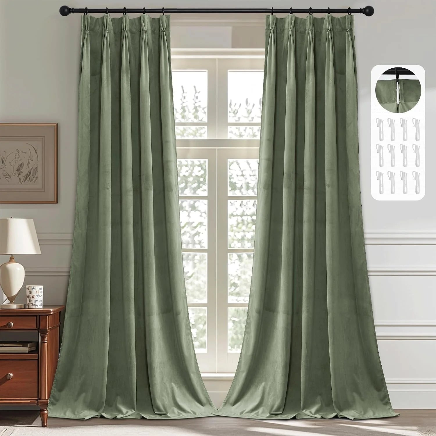 Sage green faux linen pleated curtains on a black rod in a bright room