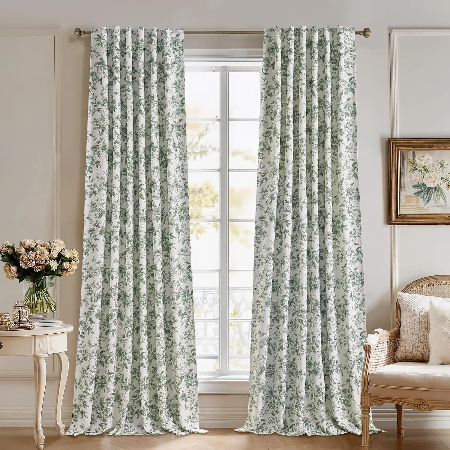 White curtains with sage green floral print in a bright traditional living room