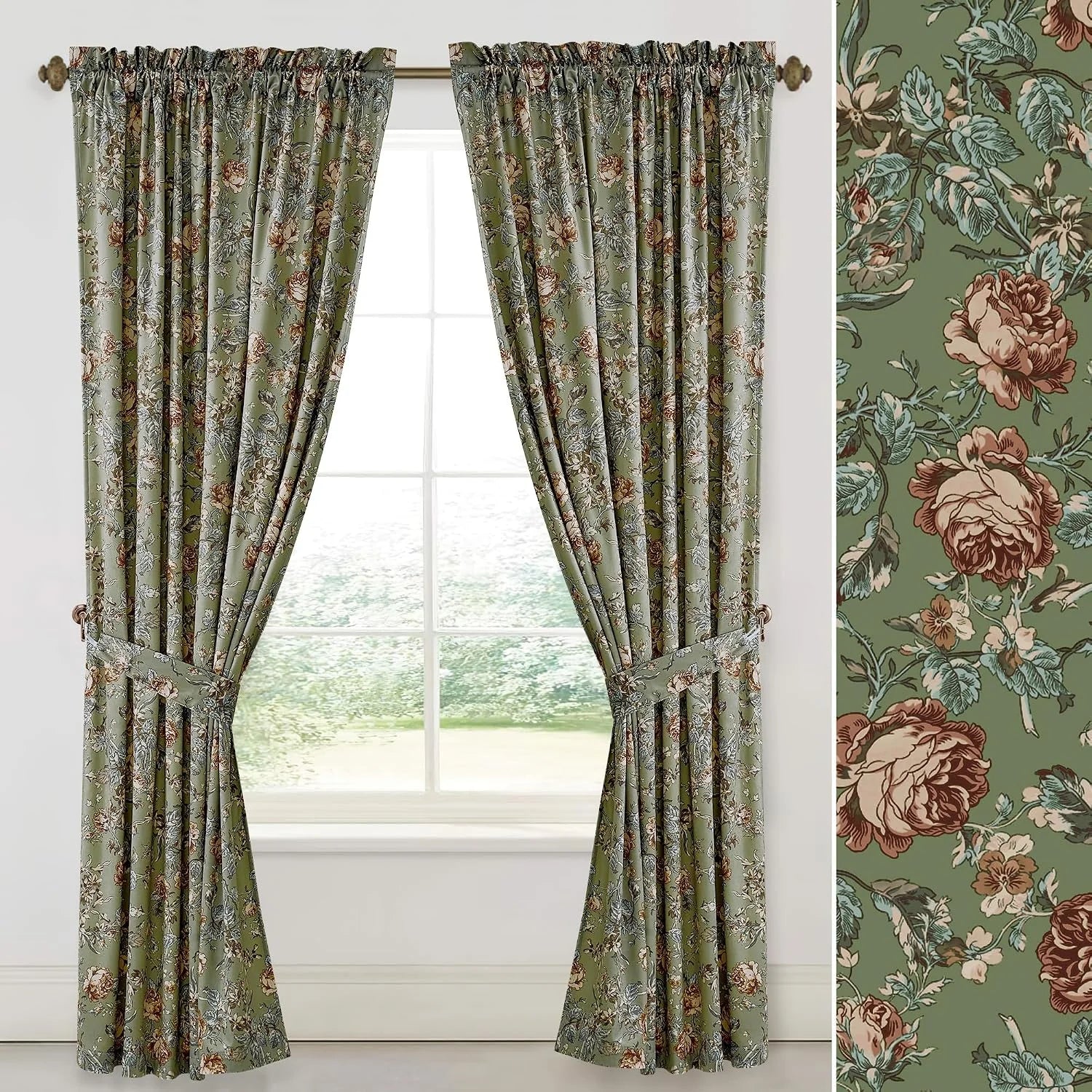 Sage green floral curtains with tiebacks hanging on a window in a traditional room