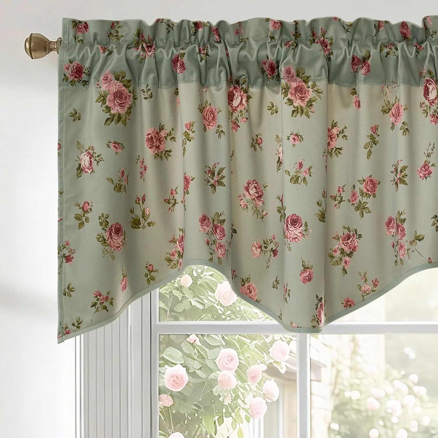 Sage green floral window valance with pink roses and gathered rod pocket top