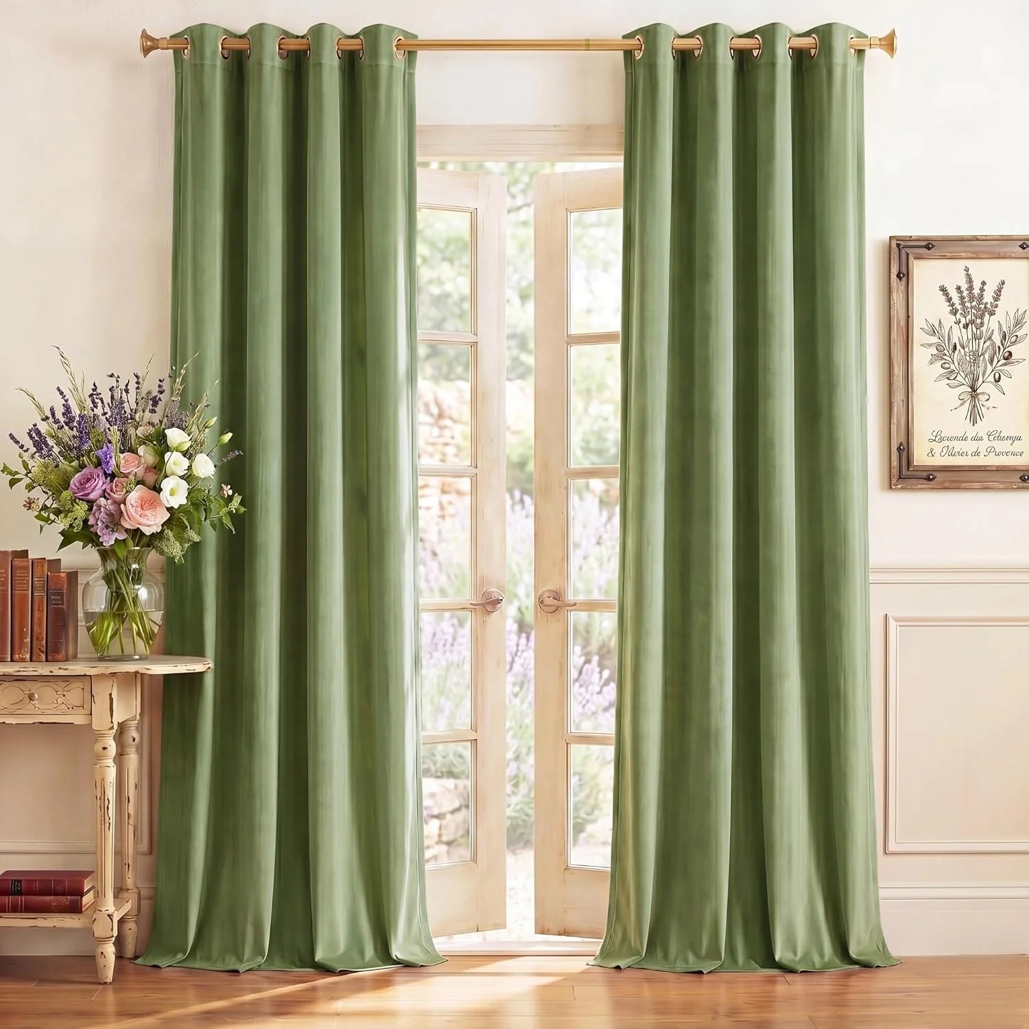 Sage green velvet grommet curtains hanging over French doors in a bright rustic room