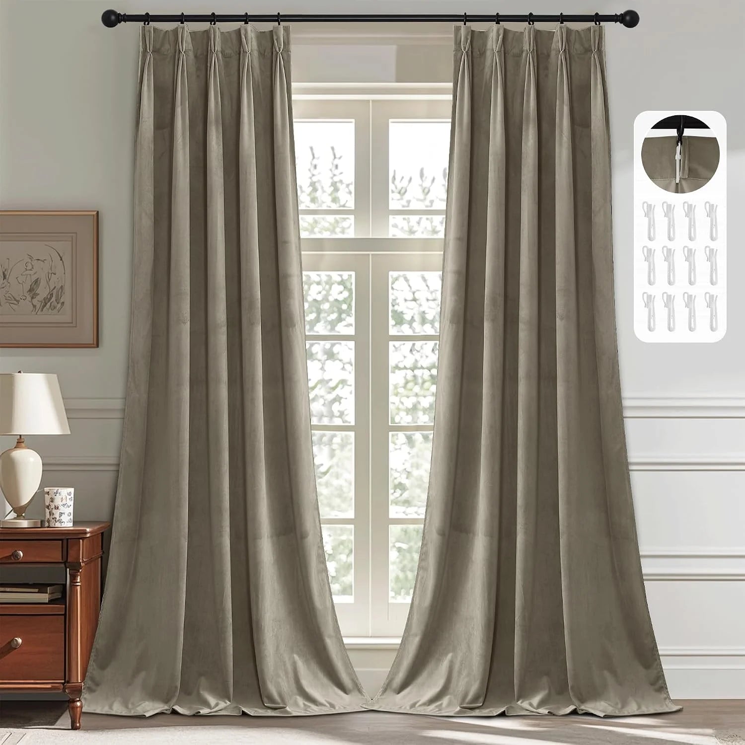 Taupe faux silk pinch pleat curtains on a black rod in a bright traditional room